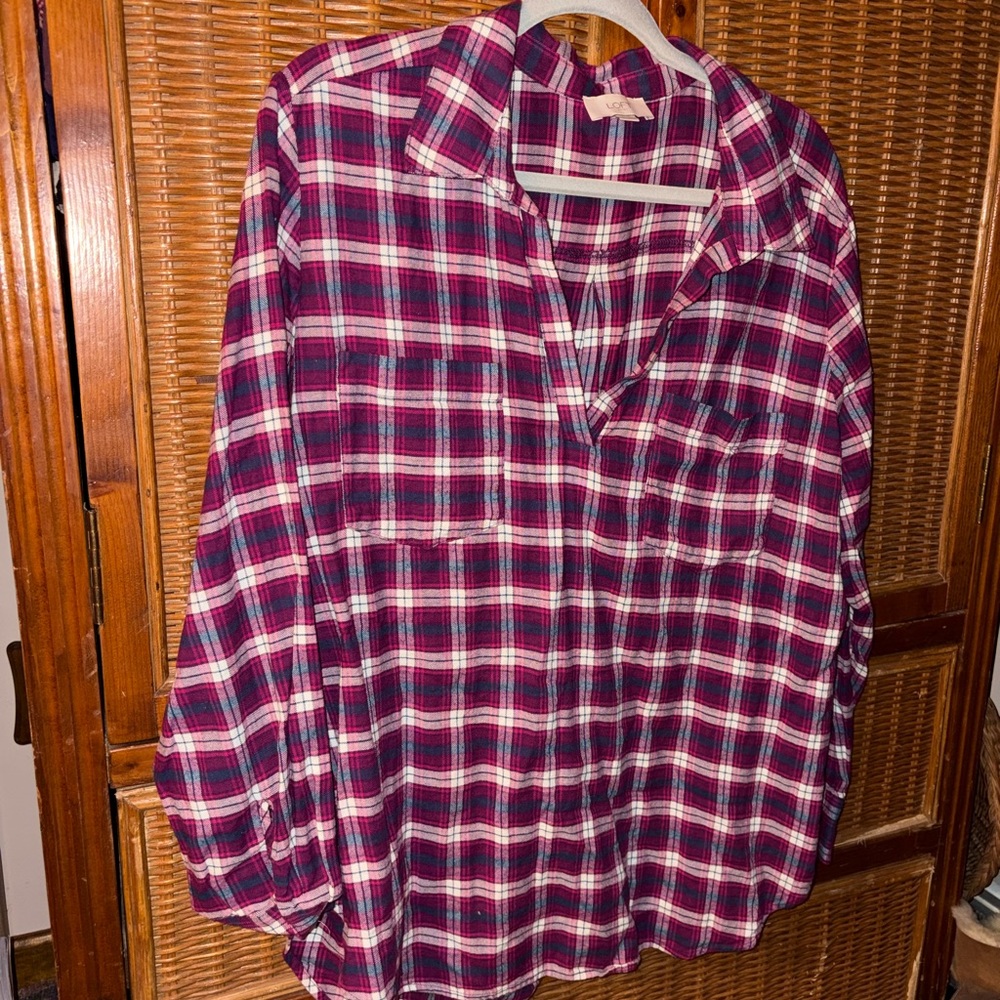 LOFT Pink and Purple Tunic Flannel XL NWOT